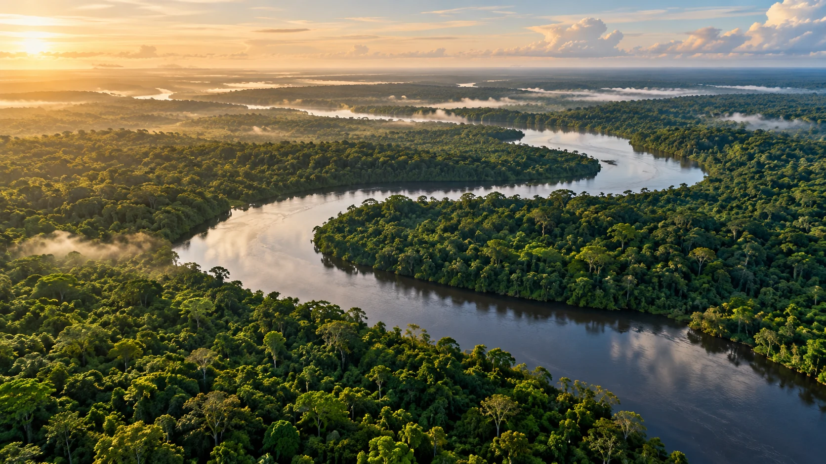 Illustration générée par IA d’une vue aérienne de forêt amazonienne traversée par une rivière