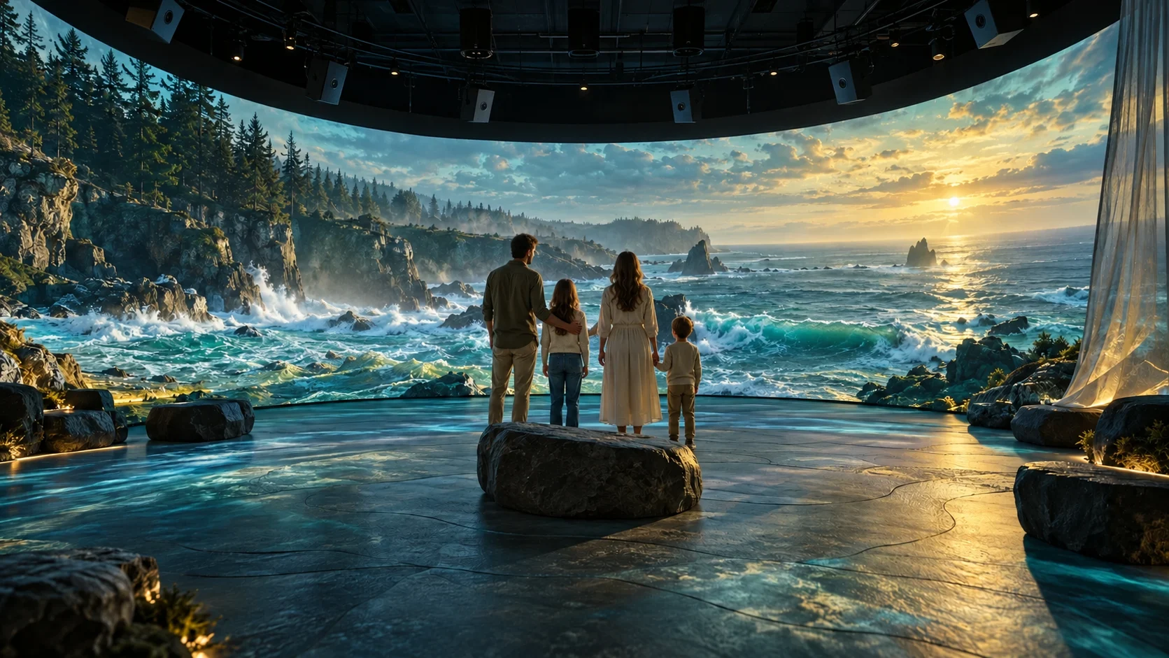 Visualisation conceptuelle d’une famille de dos, avec une fille et un jeune garçon, face à une projection panoramique dans un espace immersif